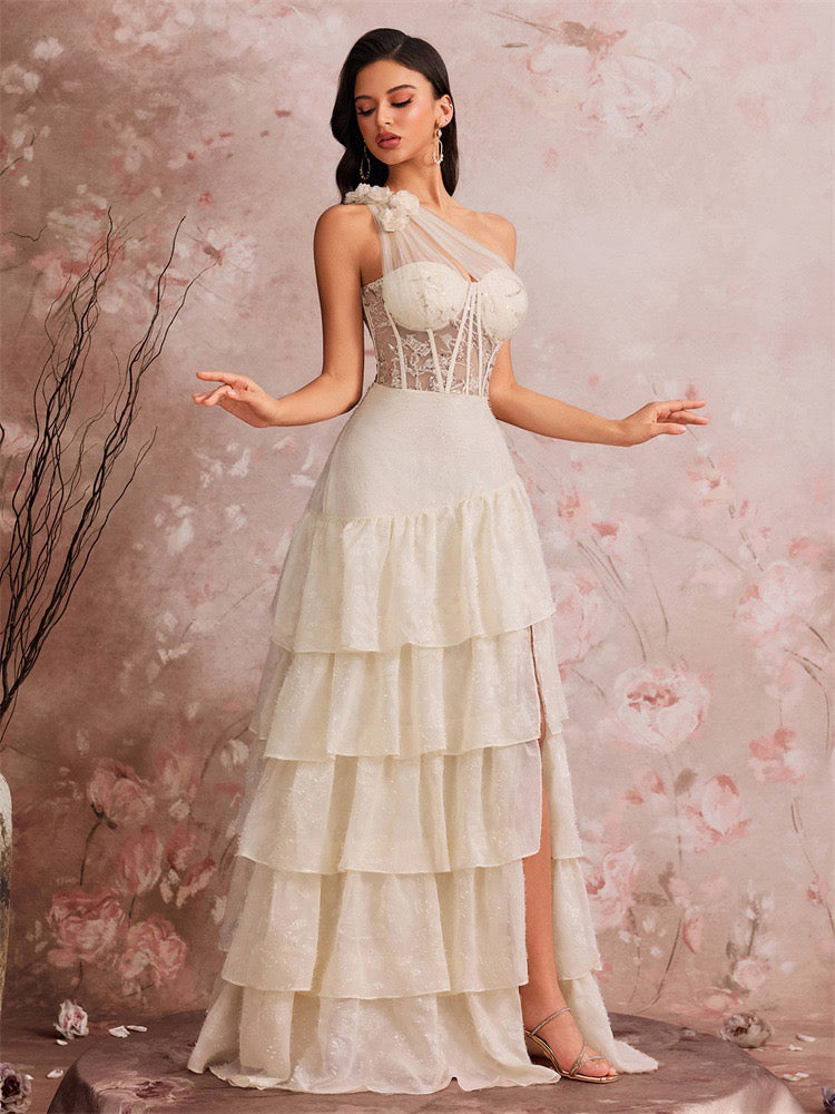 One Shoulder Lace Corset Tiered Maxi Dress In White