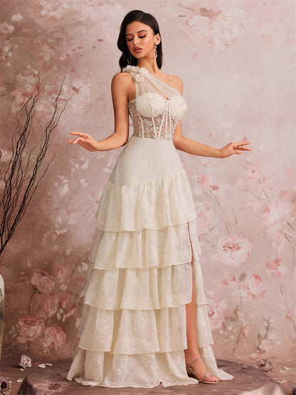 One Shoulder Lace Corset Tiered Maxi Dress In White