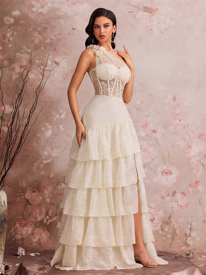 One Shoulder Lace Corset Tiered Maxi Dress In White