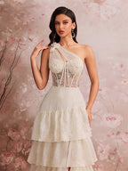 One Shoulder Lace Corset Tiered Maxi Dress In White Avalabel