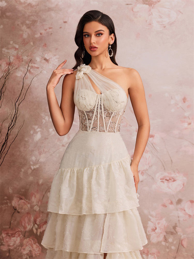 One Shoulder Lace Corset Tiered Maxi Dress In White