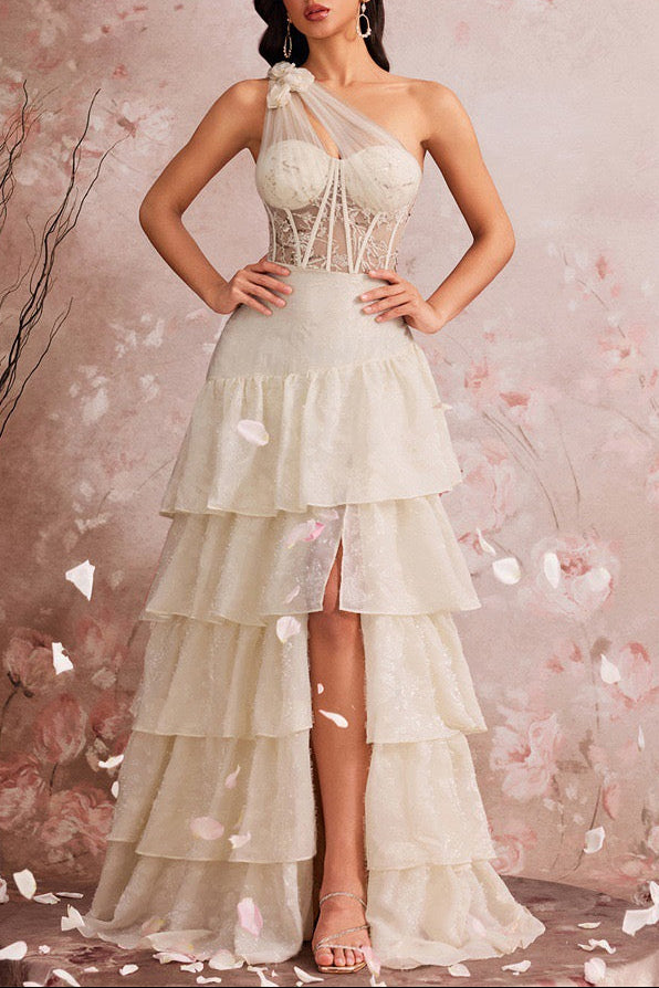 One Shoulder Lace Corset Tiered Maxi Dress In White Avalabel