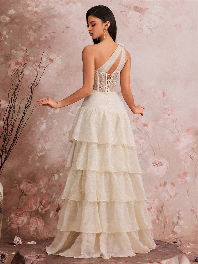 One Shoulder Lace Corset Tiered Maxi Dress In White Avalabel