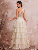 One Shoulder Lace Corset Tiered Maxi Dress In White Avalabel