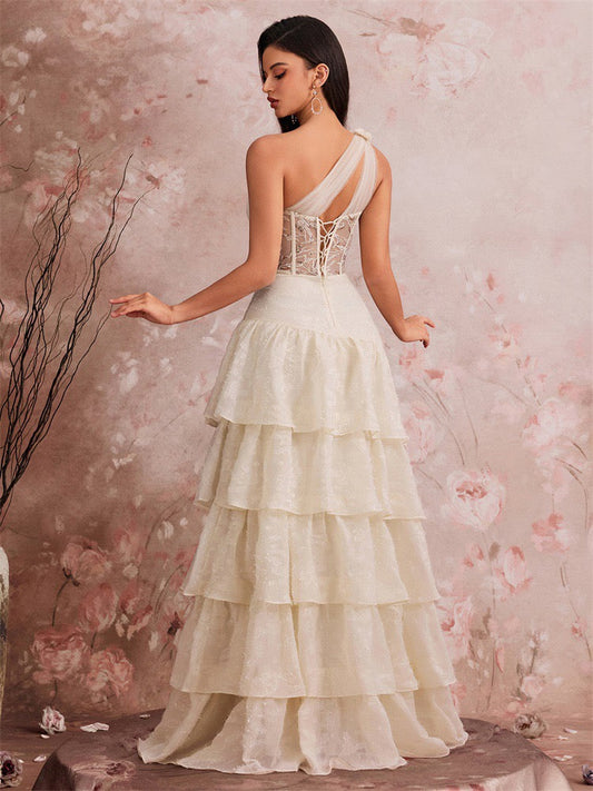 One Shoulder Lace Corset Tiered Maxi Dress In White