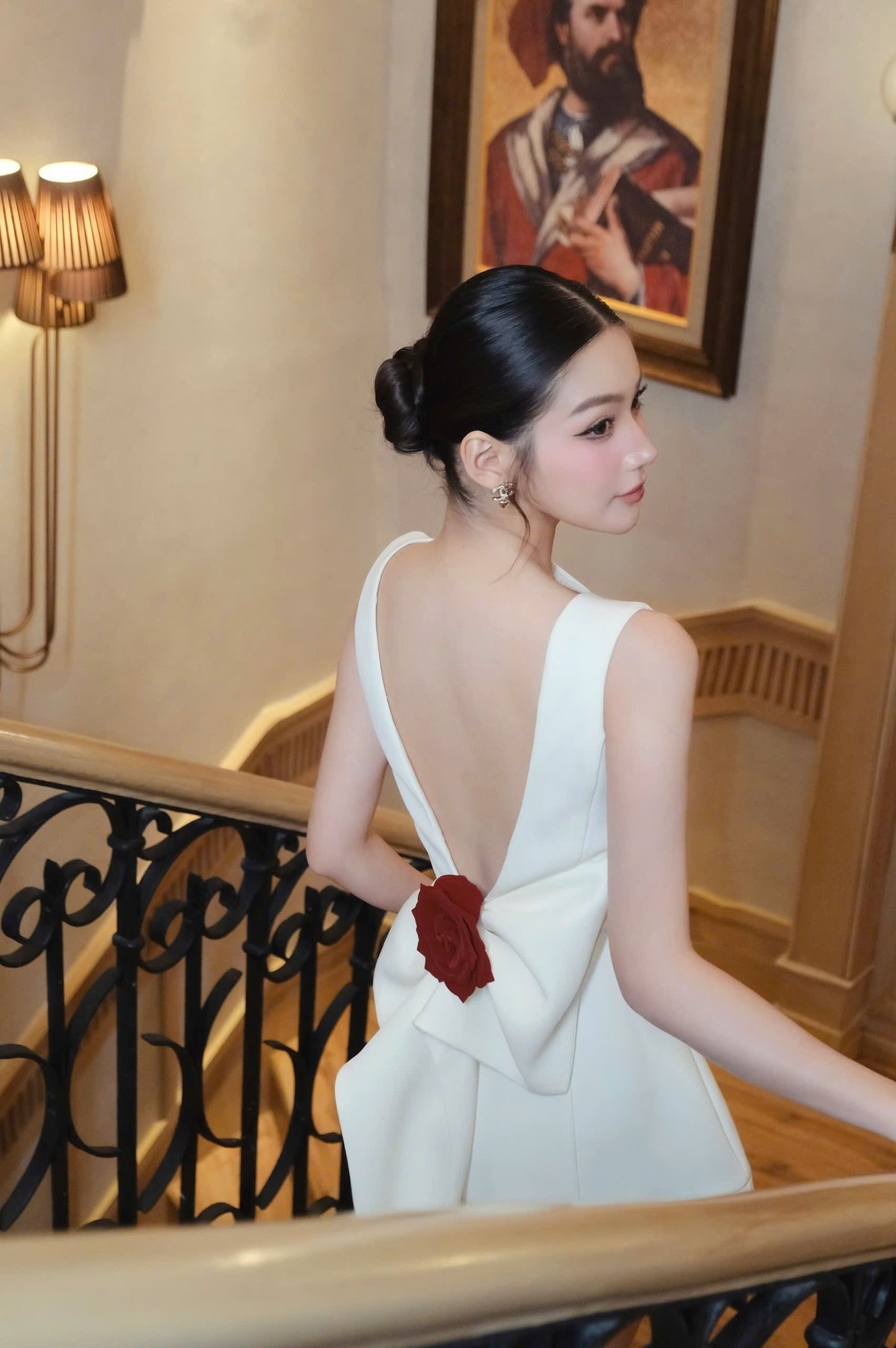 Joanna backless flower bow embellished mini dress in white