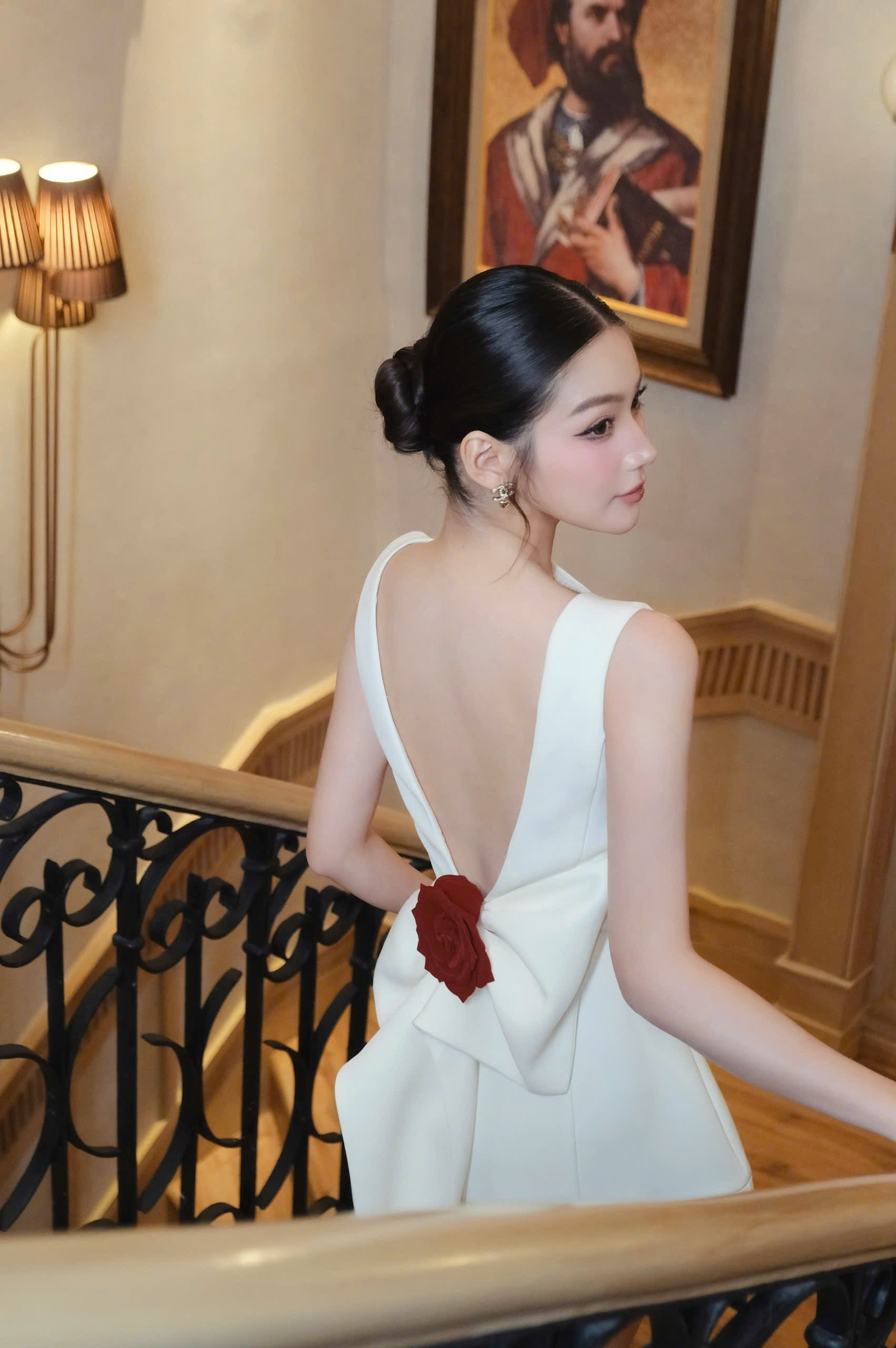 Joanna backless flower bow embellished mini dress in white Avalabel