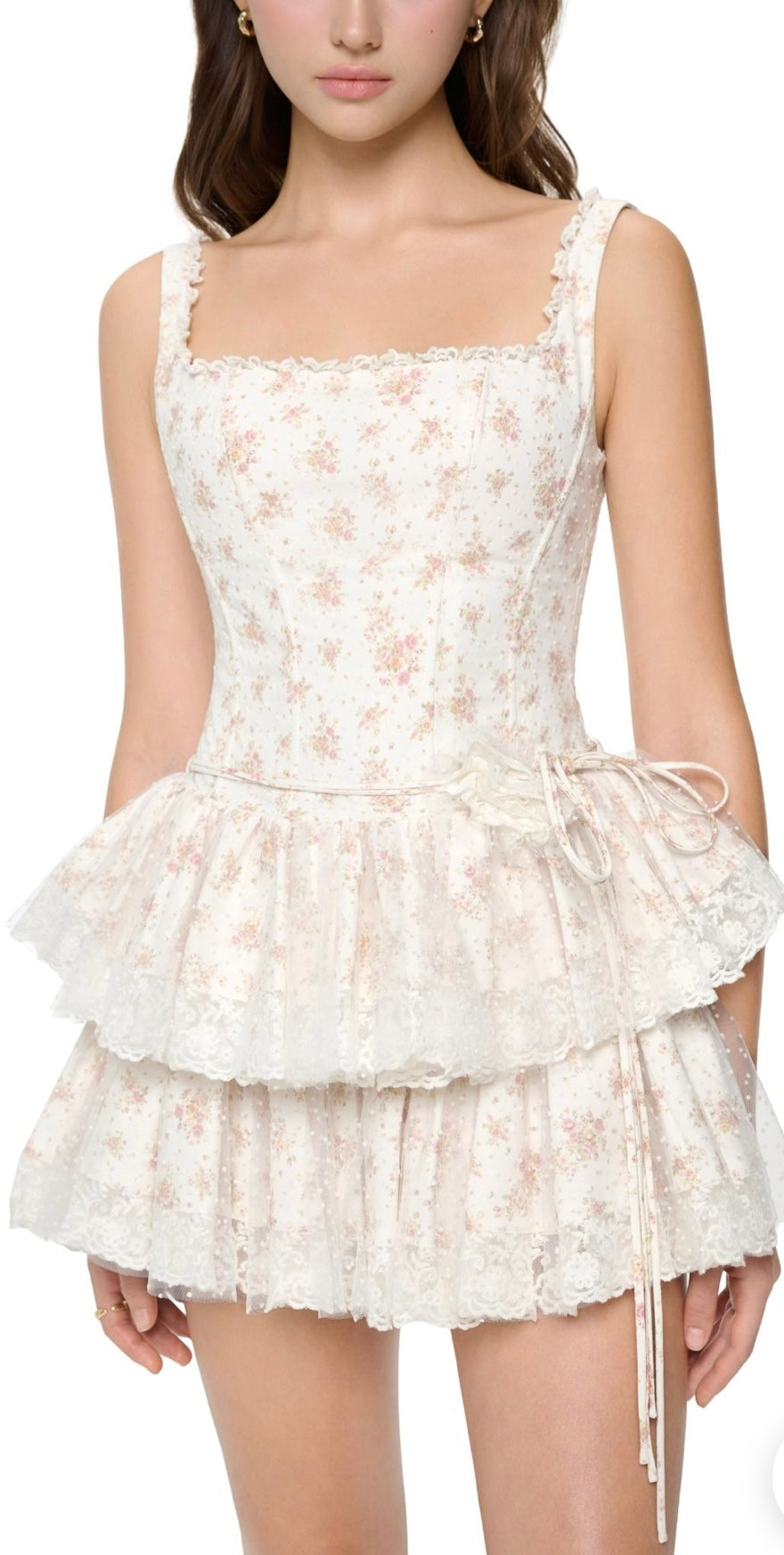 Alisa Floral Printed Lace Trim Mini Dress in White Avalabel