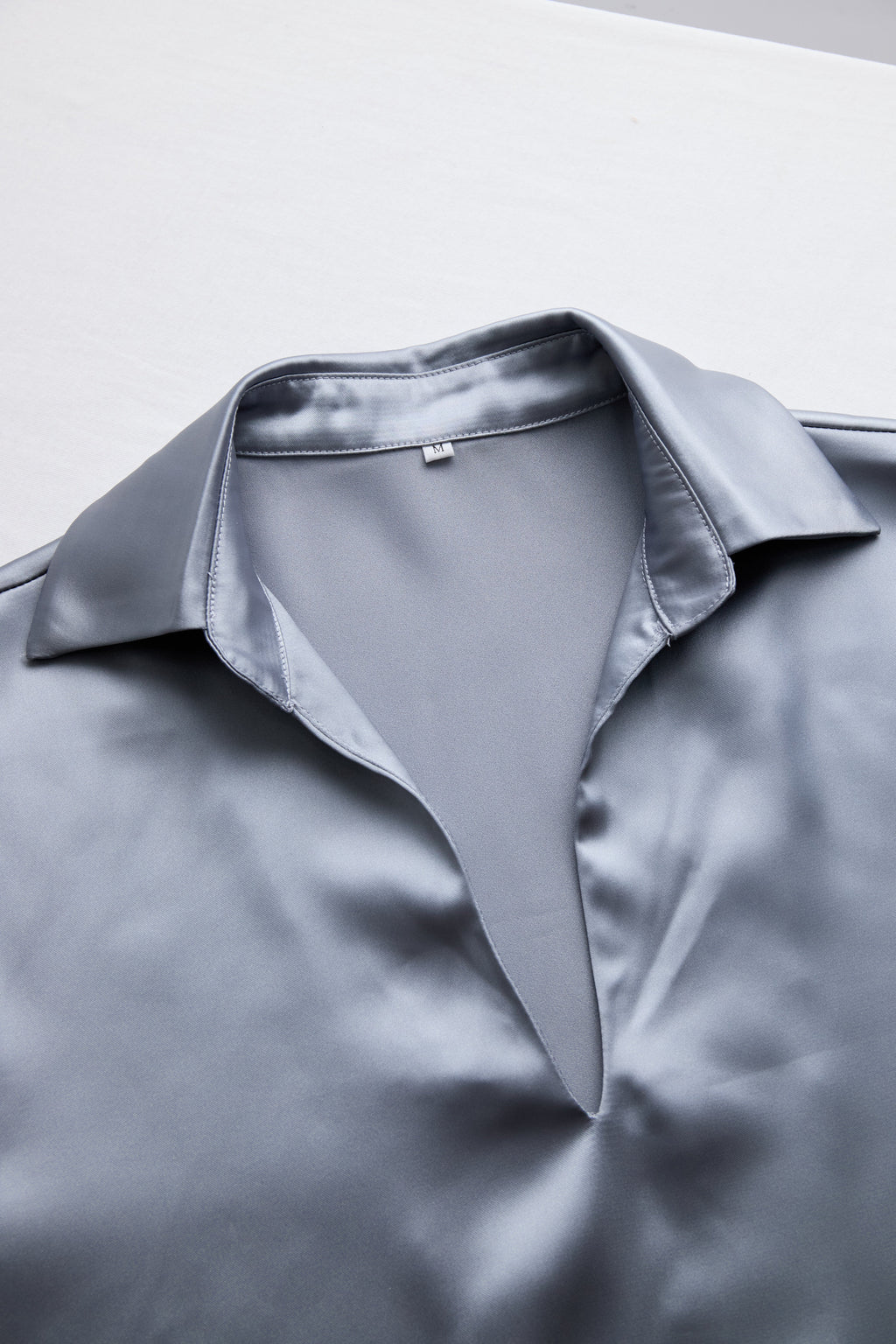 Silver Satin Blouse with Plunging V-Neck Avalabel