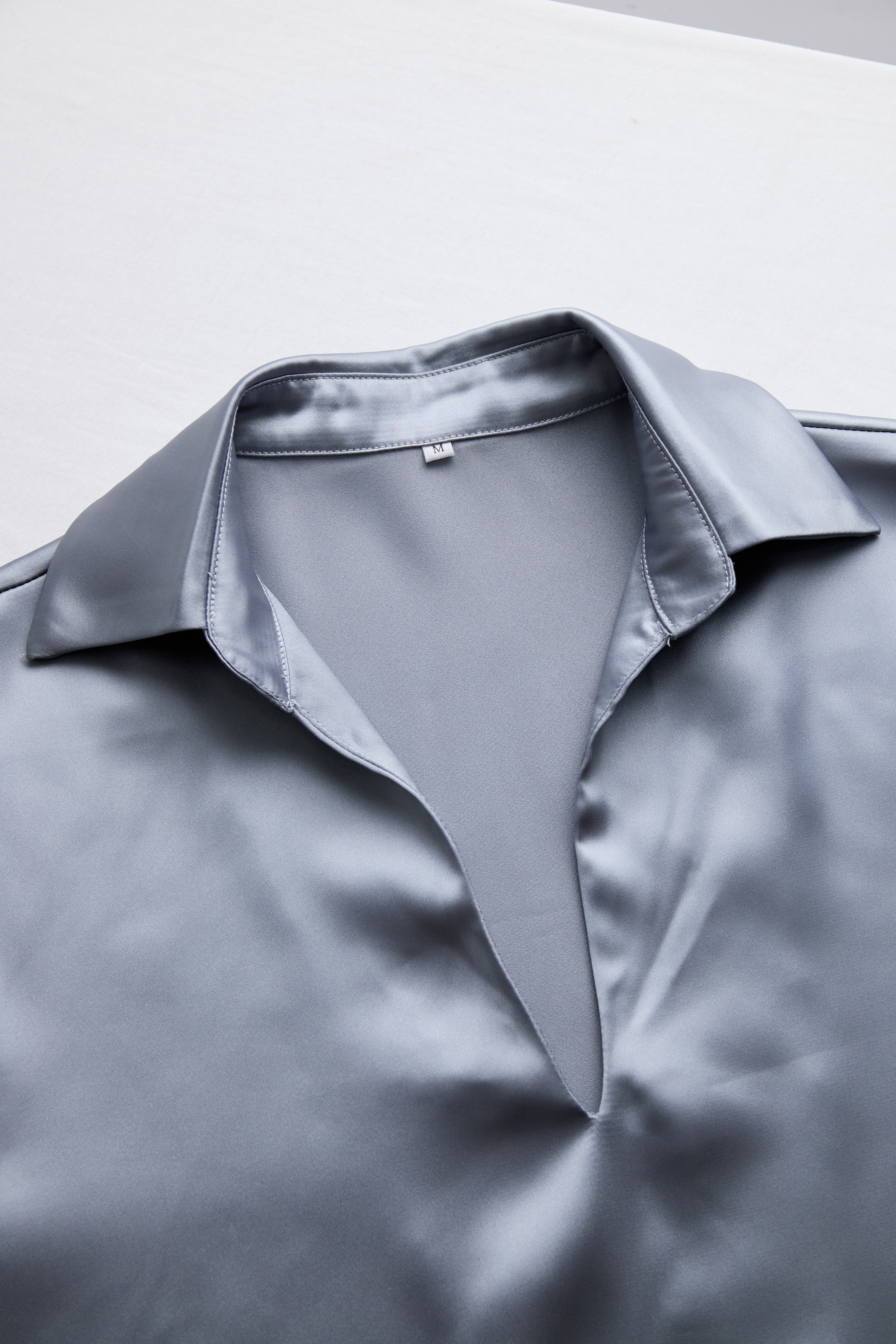 Silver Satin Blouse with Plunging V-Neck Avalabel