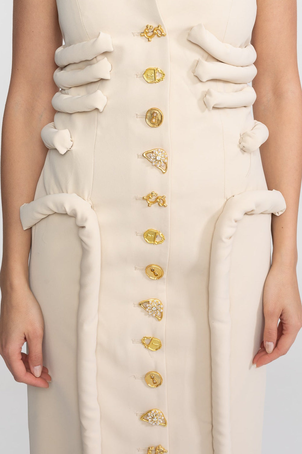 Strapless Midi Dress With Sculptural Knotted Bodice Detail And Jewel Buttons - Cream Avalabel