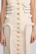 Strapless Midi Dress With Sculptural Knotted Bodice Detail And Jewel Buttons - Cream Avalabel