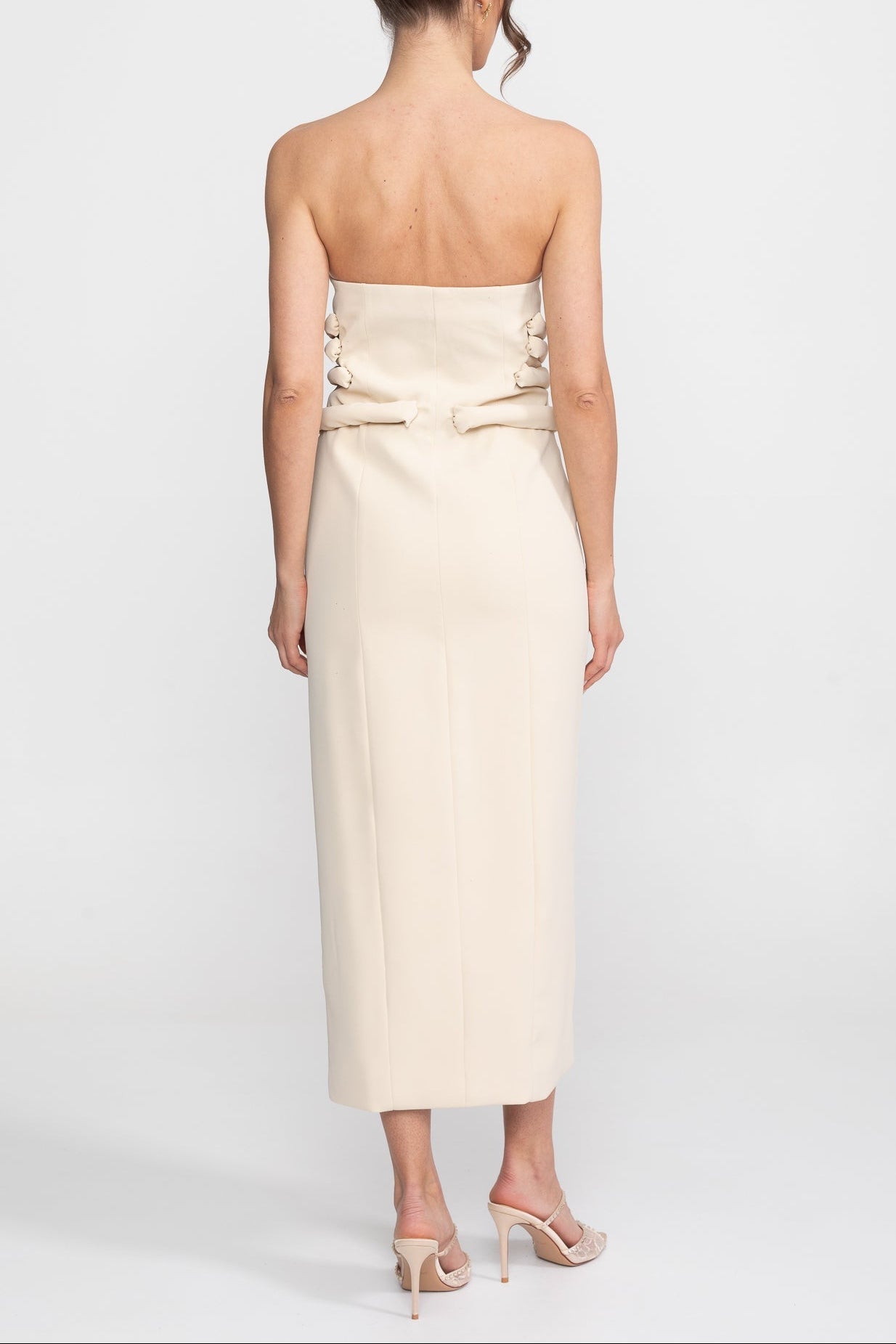 Strapless Midi Dress With Sculptural Knotted Bodice Detail And Jewel Buttons - Cream Avalabel