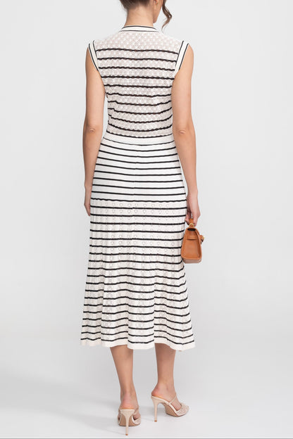 Striped Sleeveless Knit Midi Dress With V-Neck And Gold Buttons - White/Black