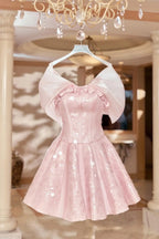 Pink sequin dress on a hanger with a chandelier in the background