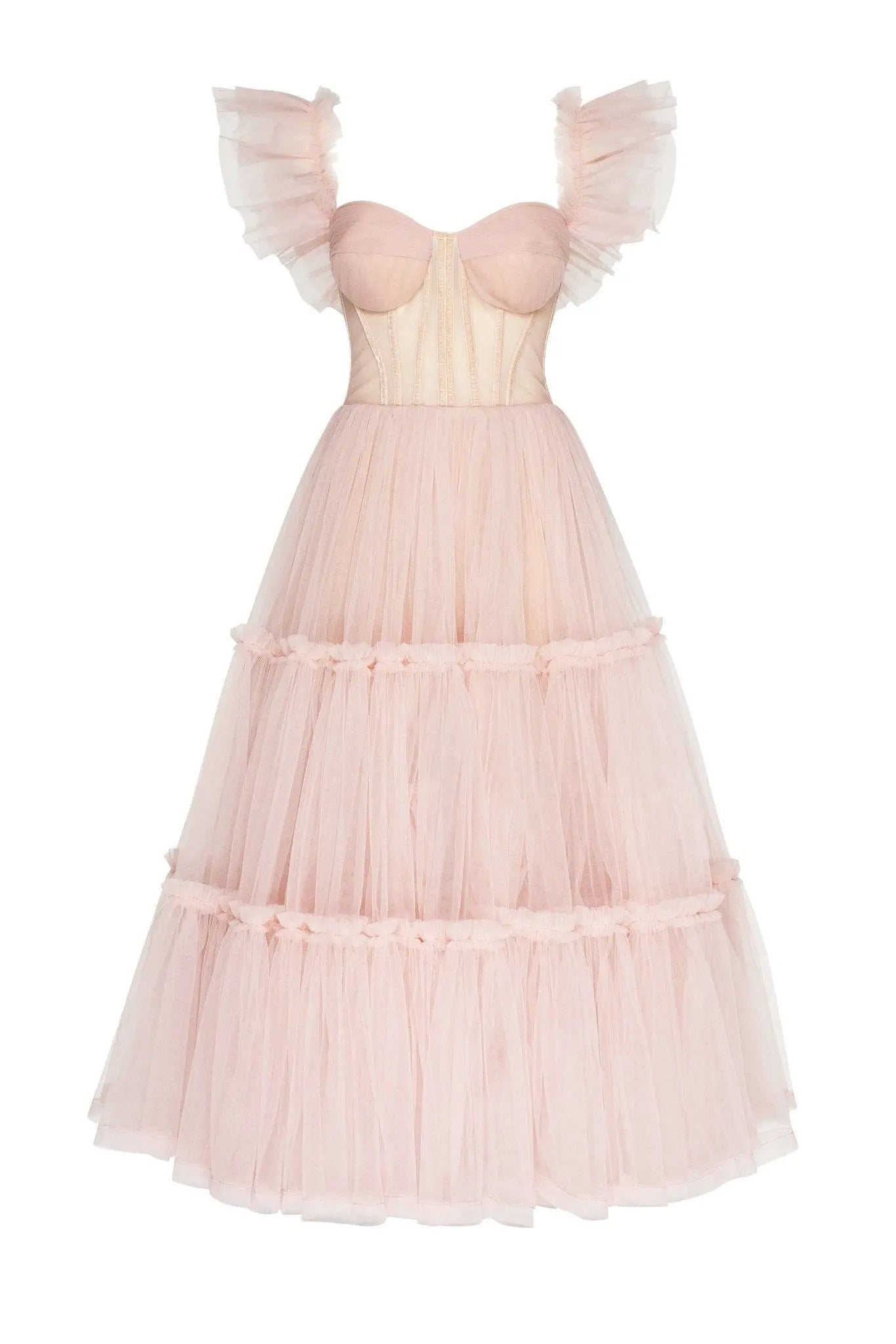 Misty Rose Ruffled Tulle Midi Dress Avalabel