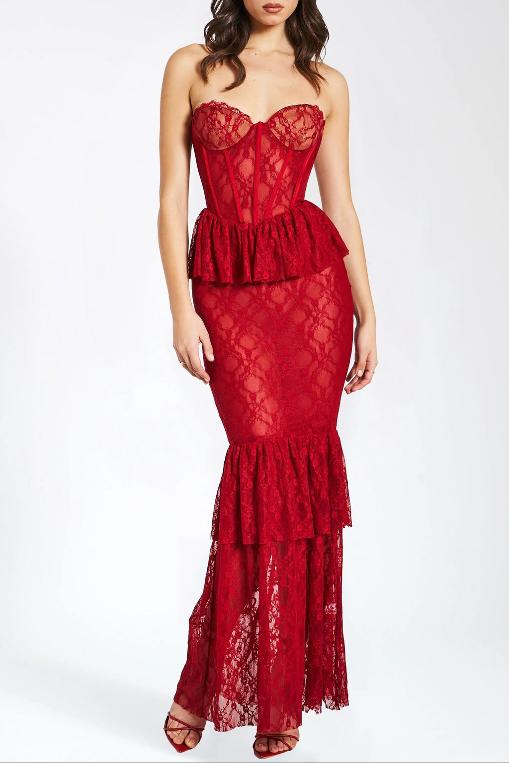 Zen Burgundy Lace Corset Maxi Dress Avalabel