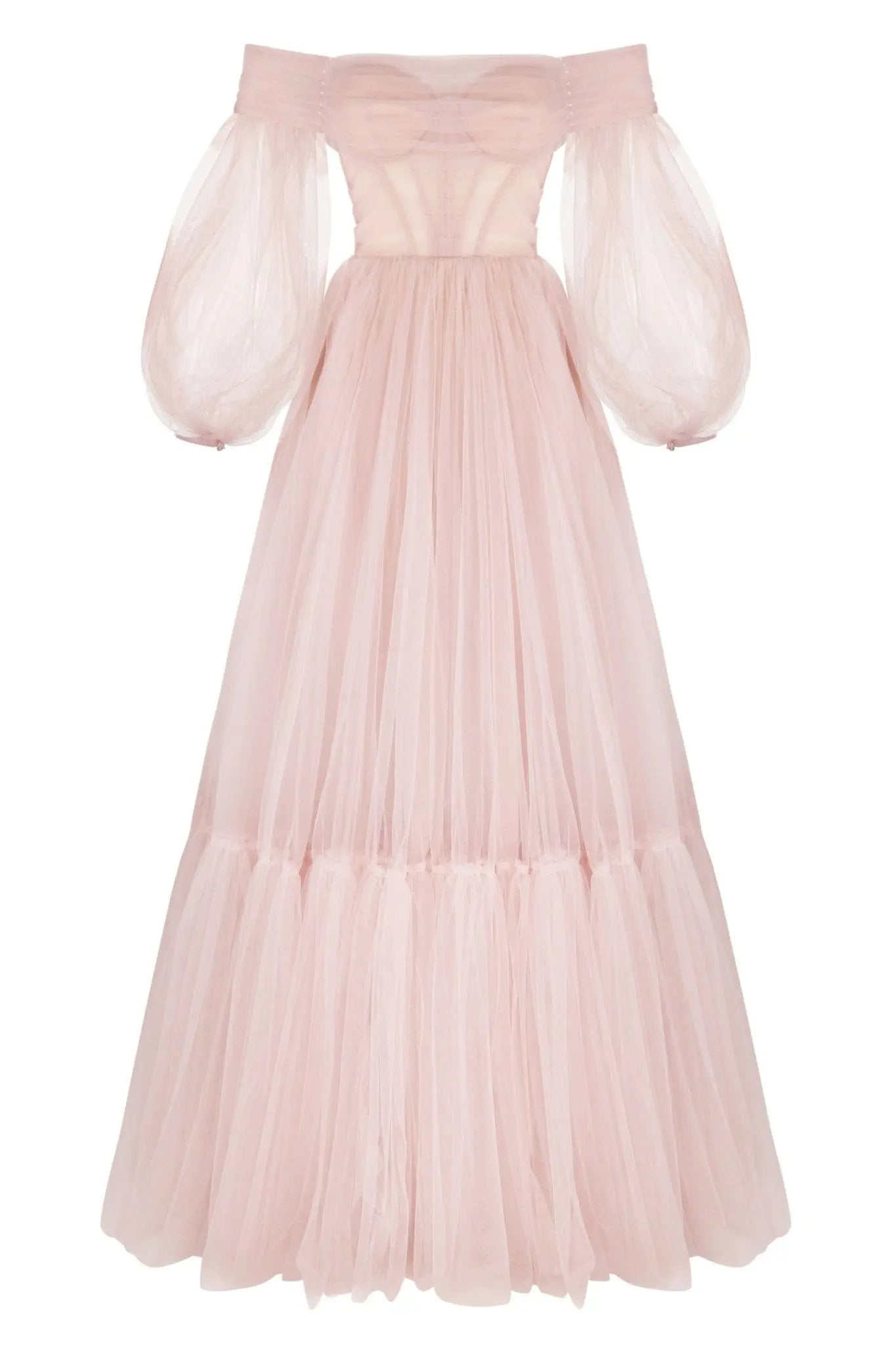 Misty Rose Sheer Sleeves Maxi Tulle Dress Avalabel