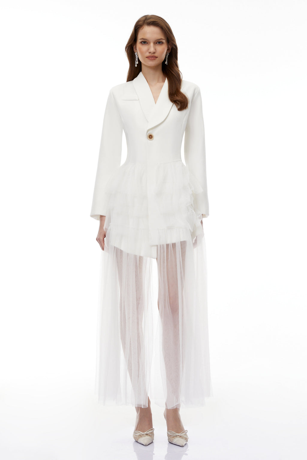 Illyria White Blazer Maxi Dress with Ruffled Tulle Avalabel