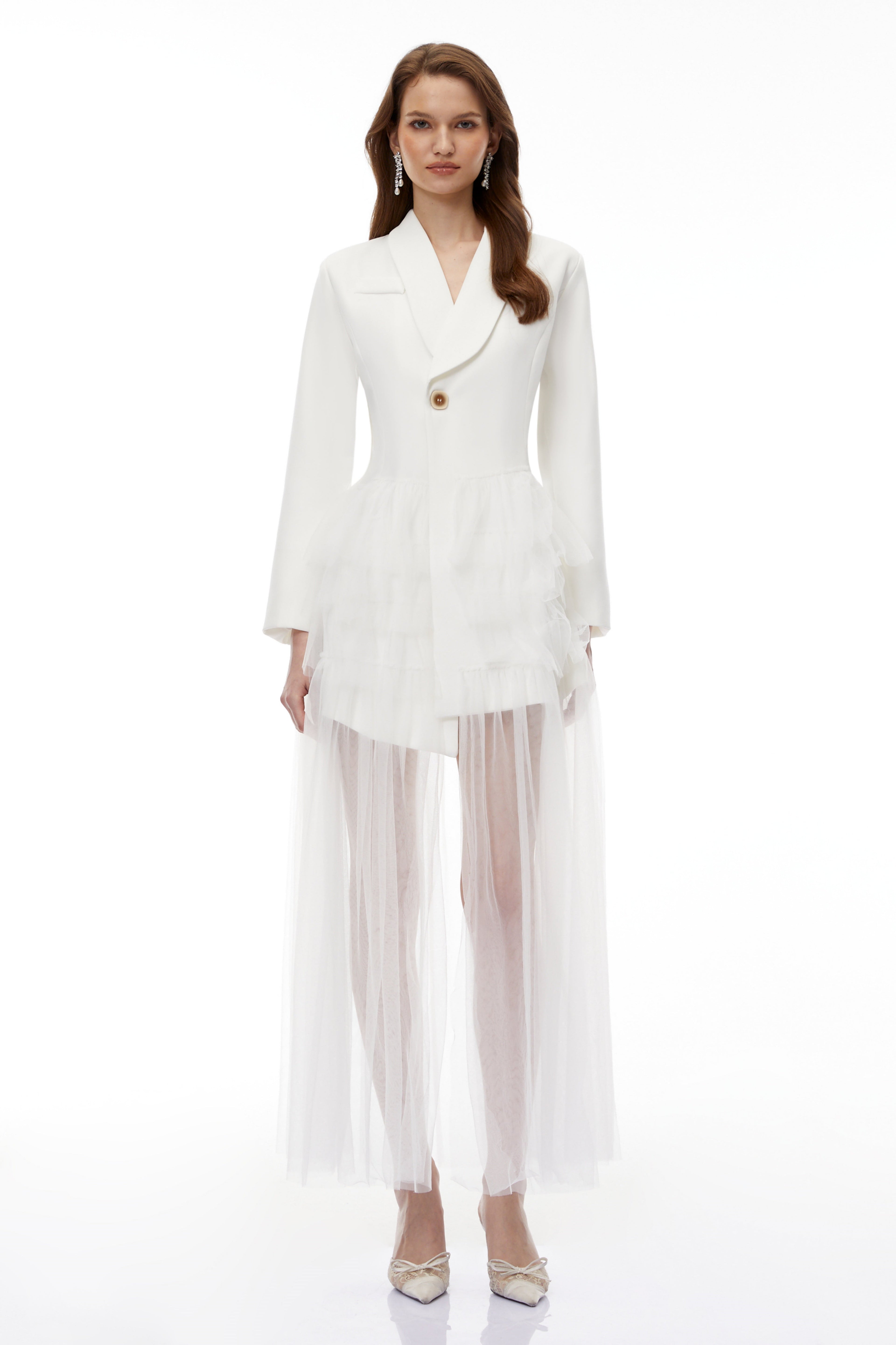 Illyria White Blazer Maxi Dress with Ruffled Tulle Avalabel