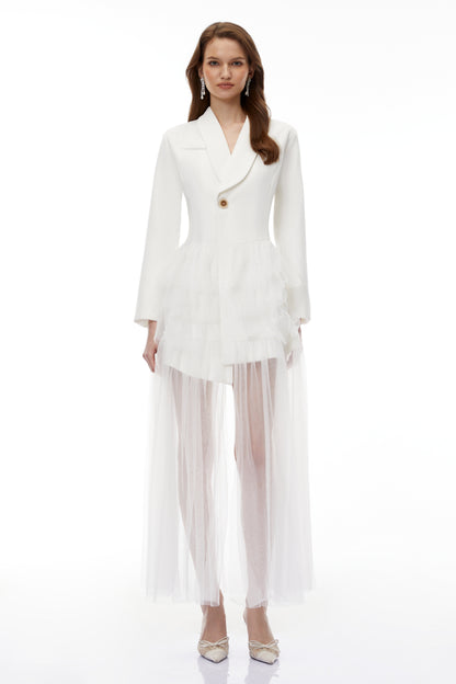 Illyria White Blazer Maxi Dress with Ruffled Tulle