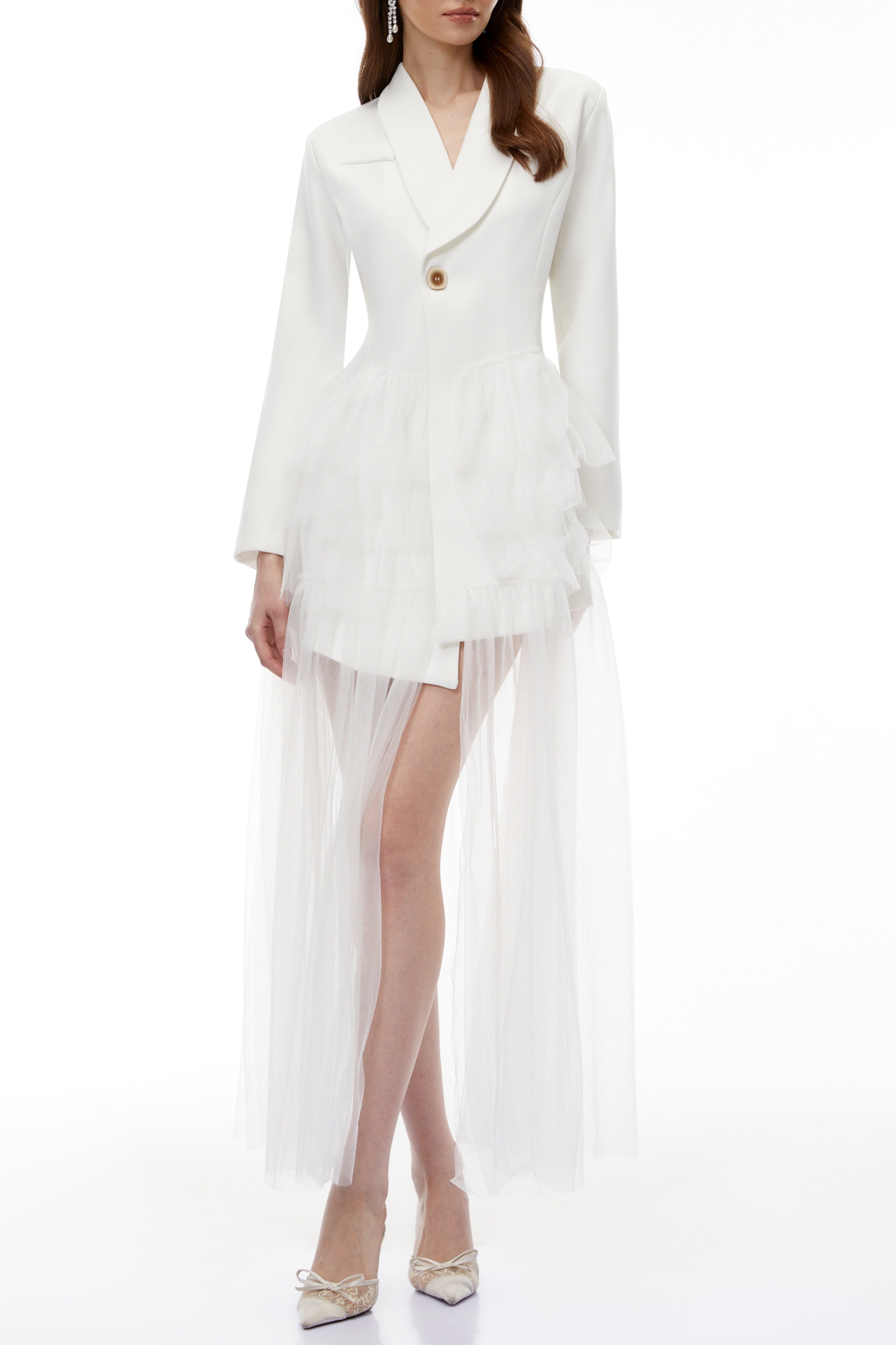 Illyria White Blazer Maxi Dress with Ruffled Tulle Avalabel