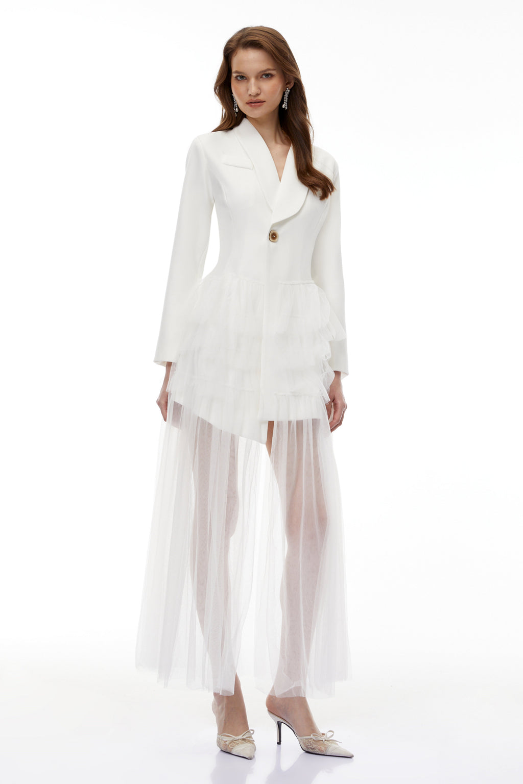 Illyria White Blazer Maxi Dress with Ruffled Tulle Avalabel