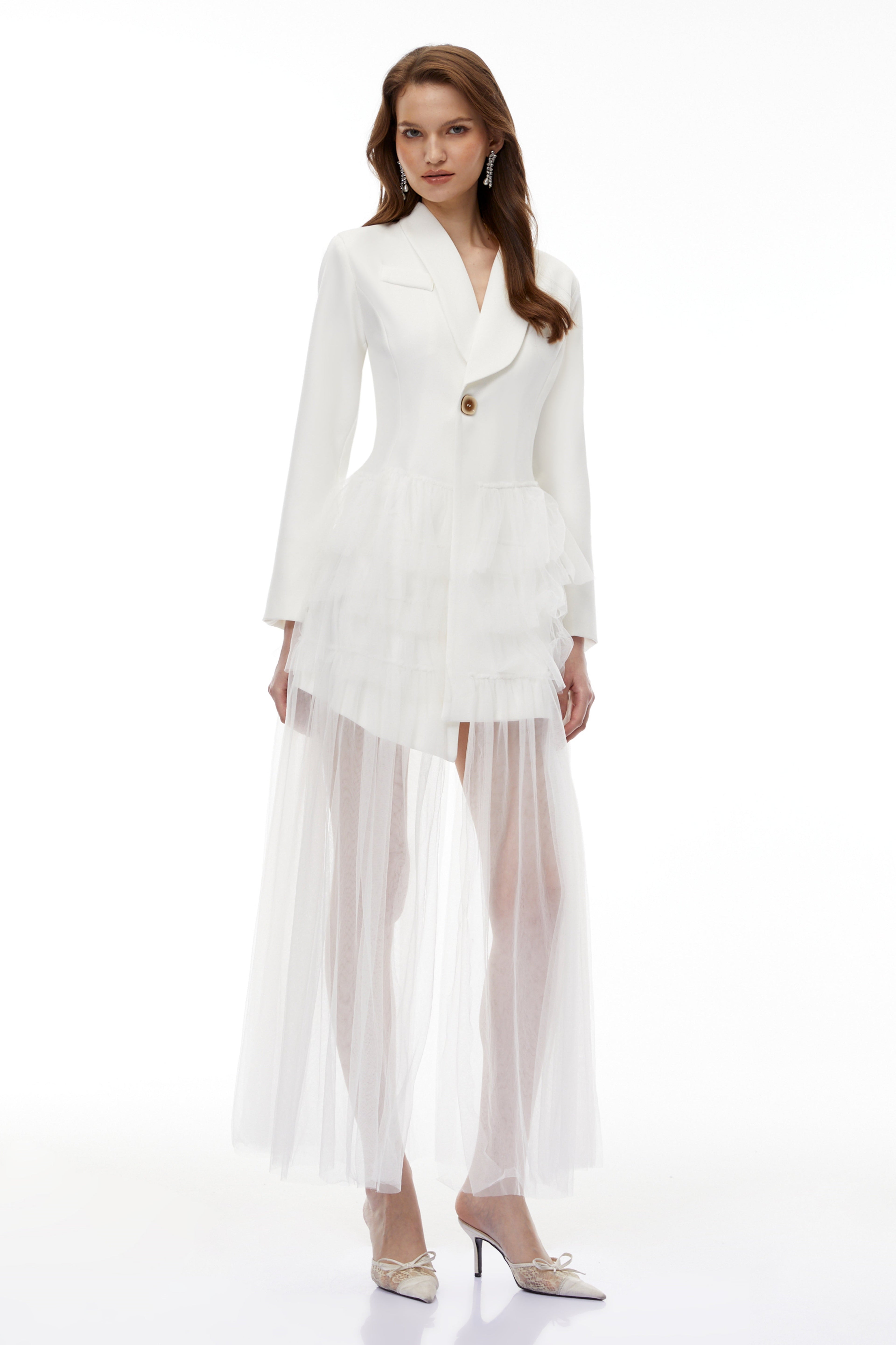 Illyria White Blazer Maxi Dress with Ruffled Tulle Avalabel