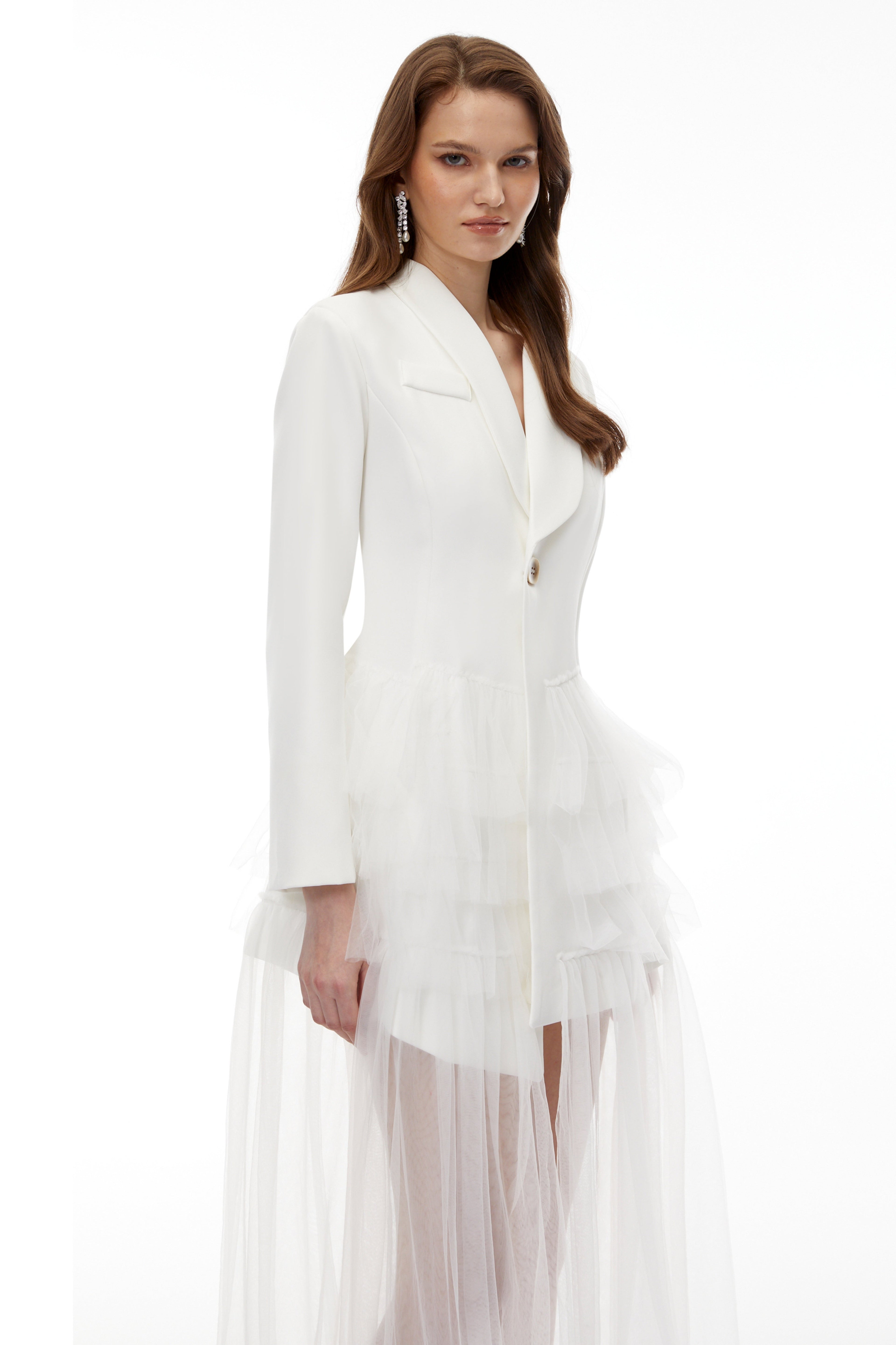 Illyria White Blazer Maxi Dress with Ruffled Tulle Avalabel