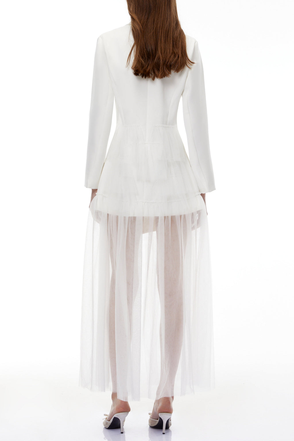 Illyria White Blazer Maxi Dress with Ruffled Tulle Avalabel