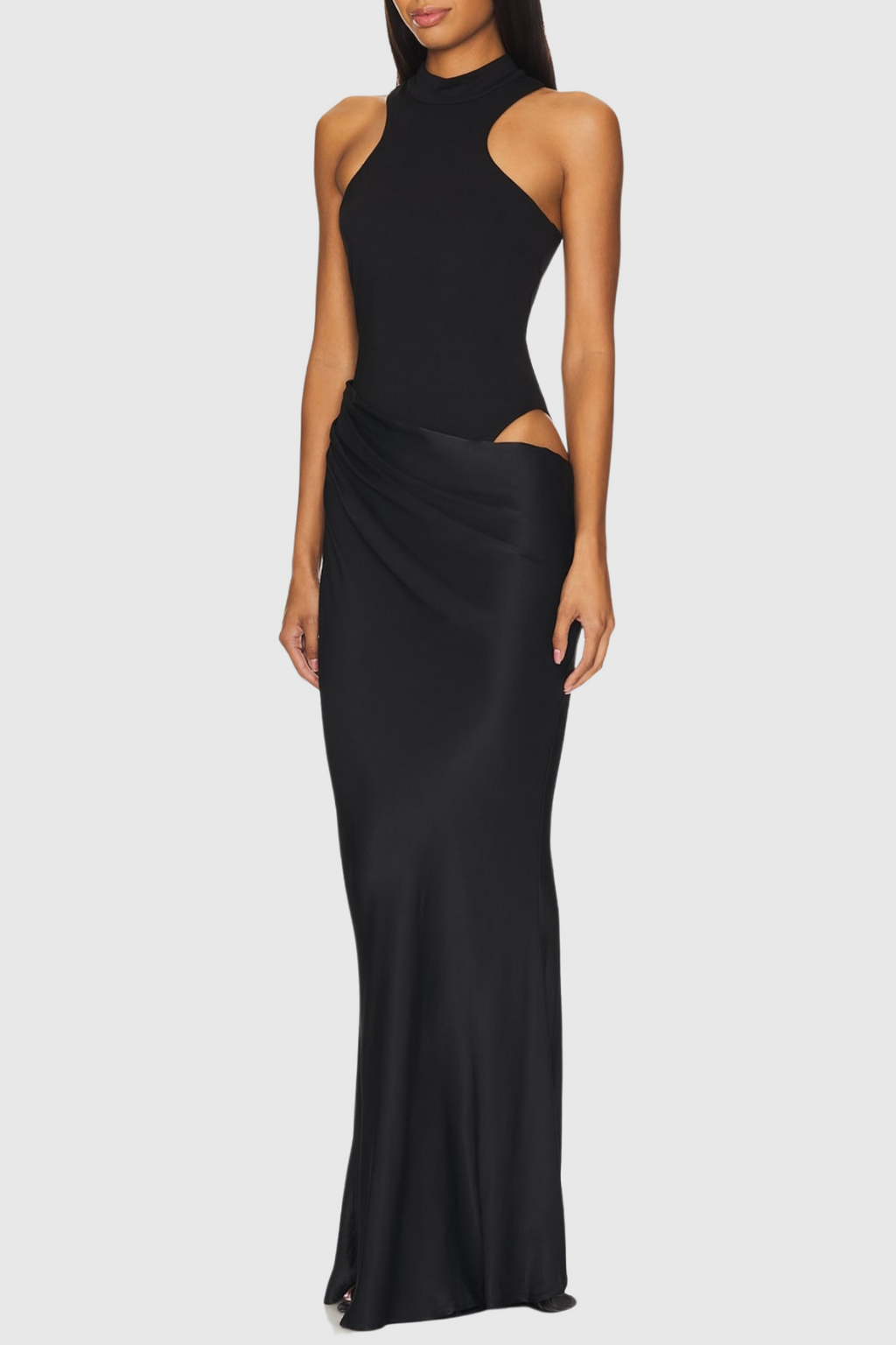 Ilya Asymmetrical Cutout Satin Maxi Dress - Black Avalabel