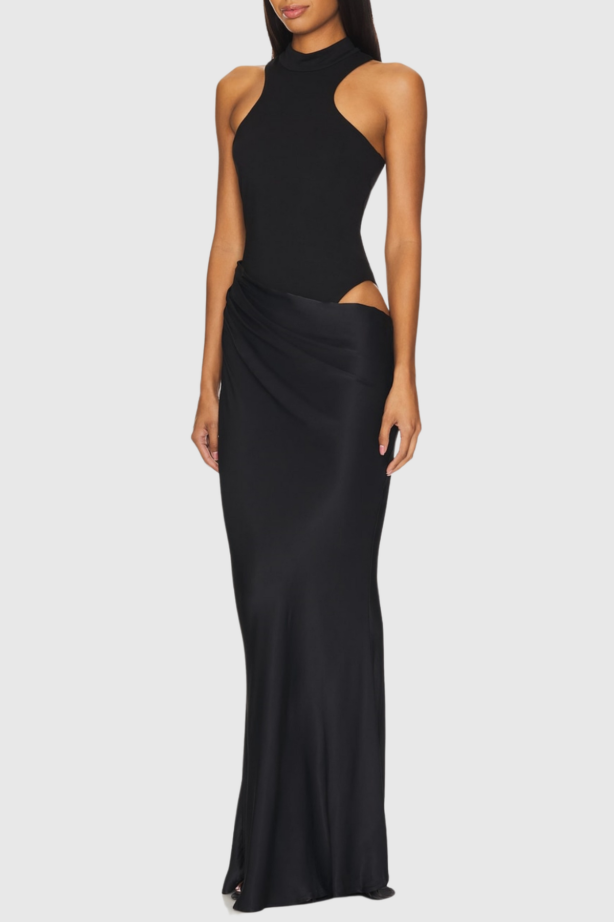 Ilya Asymmetrical Cutout Satin Maxi Dress - Black Avalabel