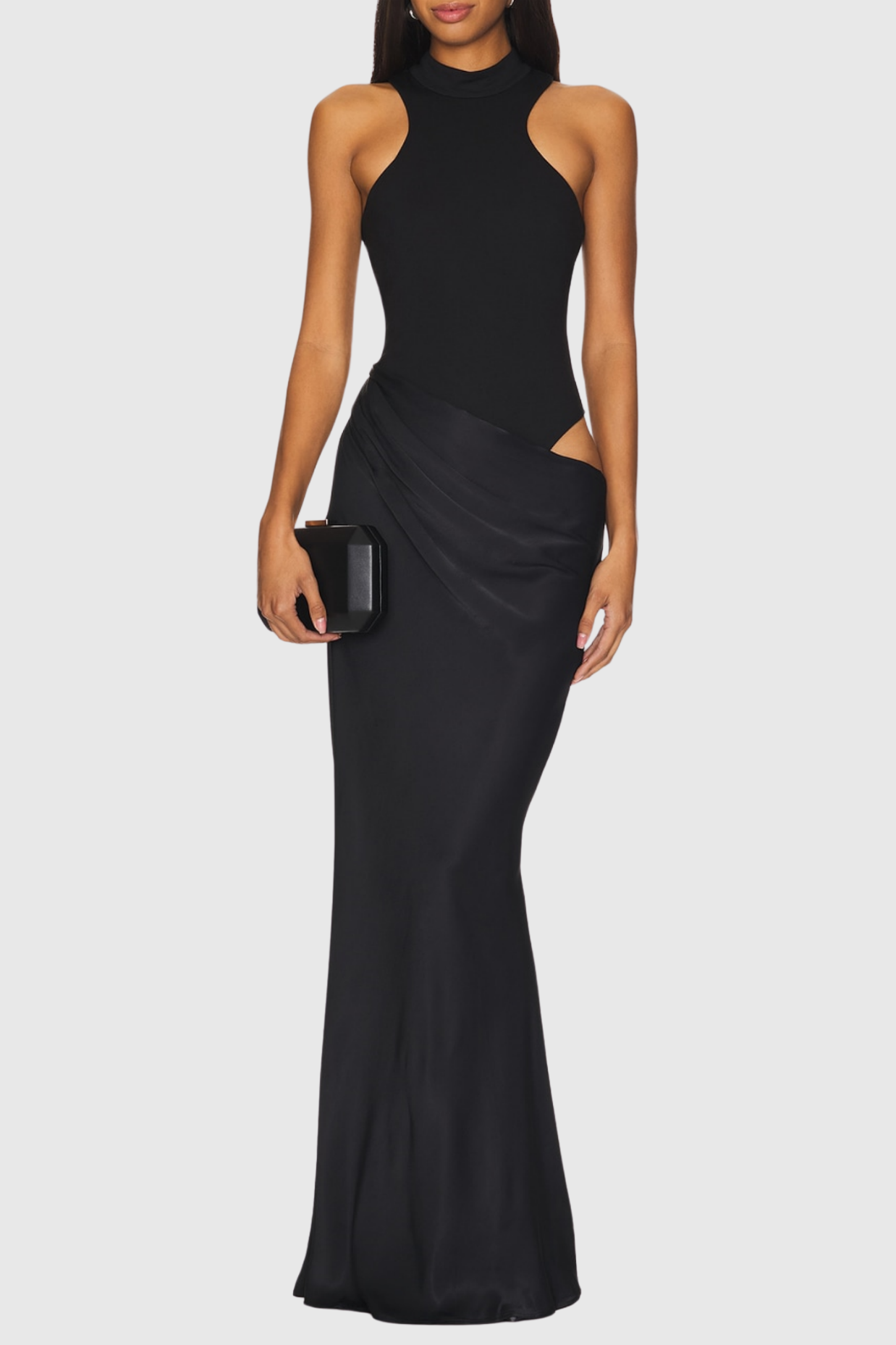 Ilya Asymmetrical Cutout Satin Maxi Dress - Black Avalabel