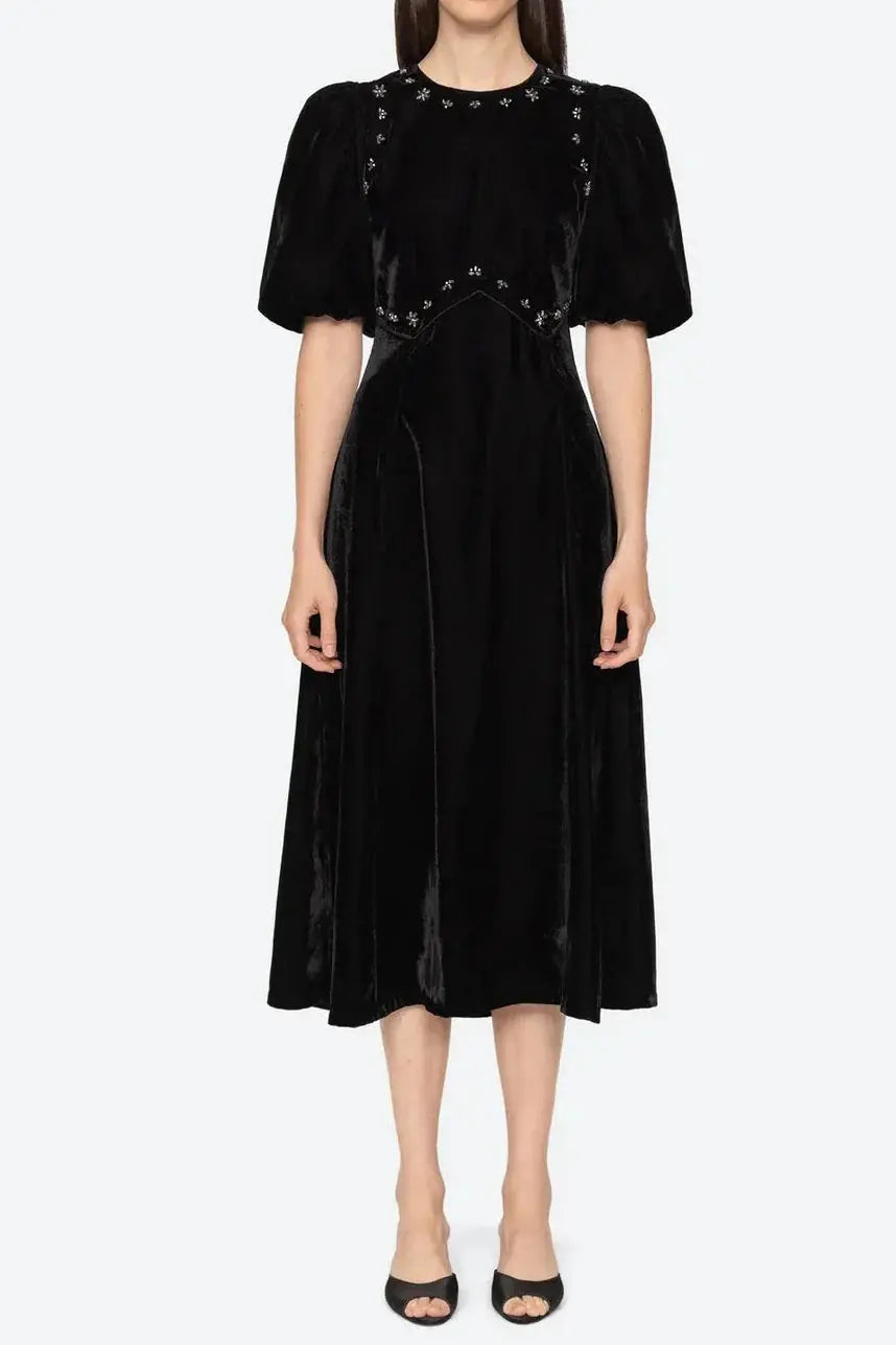 vicky black rhinestone embellished velvet puff sleeve maxi dress Avalabel