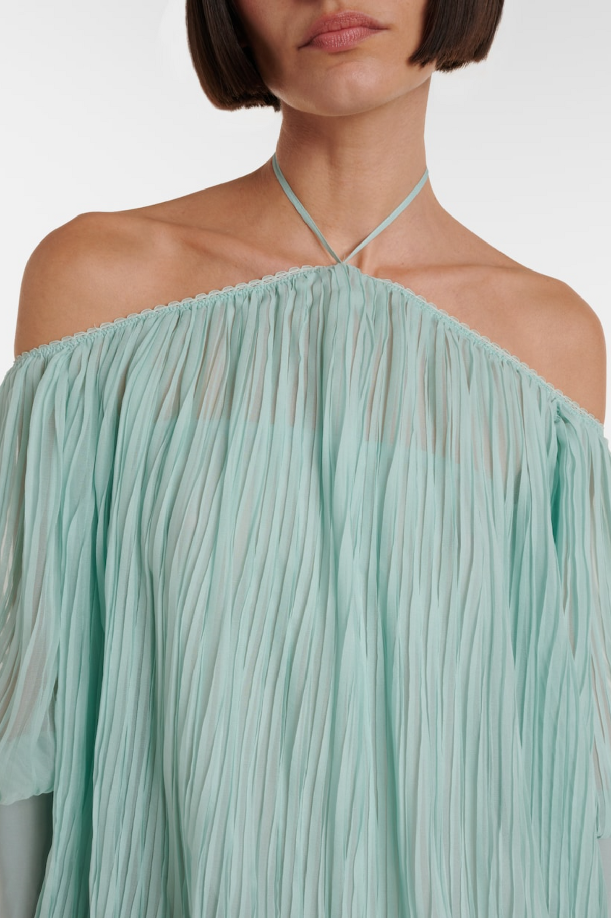 Halter Pleated Ruffle Mini Dress in Green Avalabel