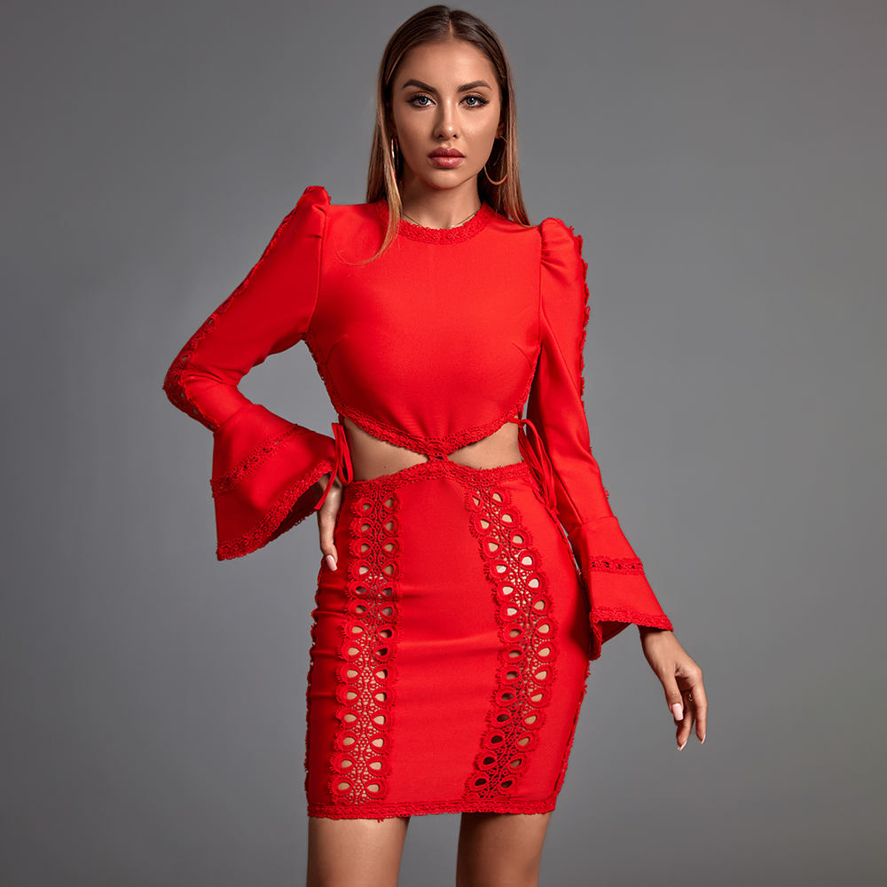 Sandra Red Long Sleeve Cut Out Lace Mini Dress Avalabel