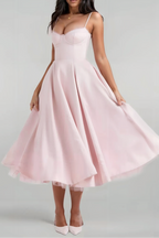 Satin Corset Tulle Layered A-Line Midi Dress - Baby Pink Avalabel