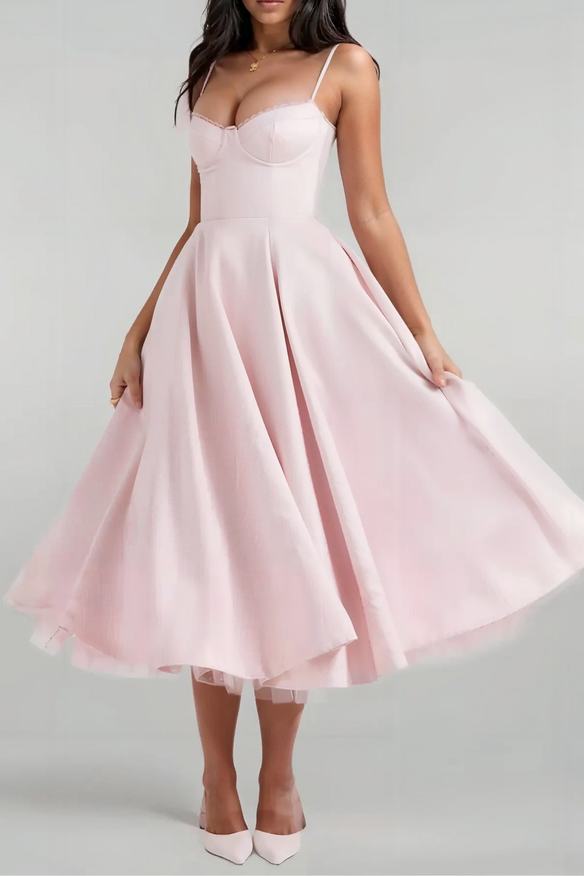 Satin Corset Tulle Layered A-Line Midi Dress - Baby Pink Avalabel