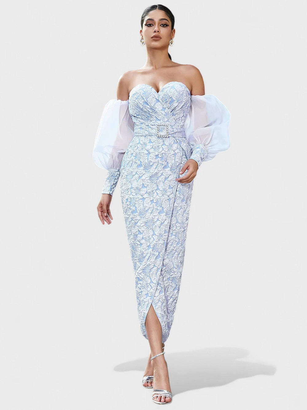Izobel Off-Shoulder Embroidered Midi Dress – Icy Blue Avalabel