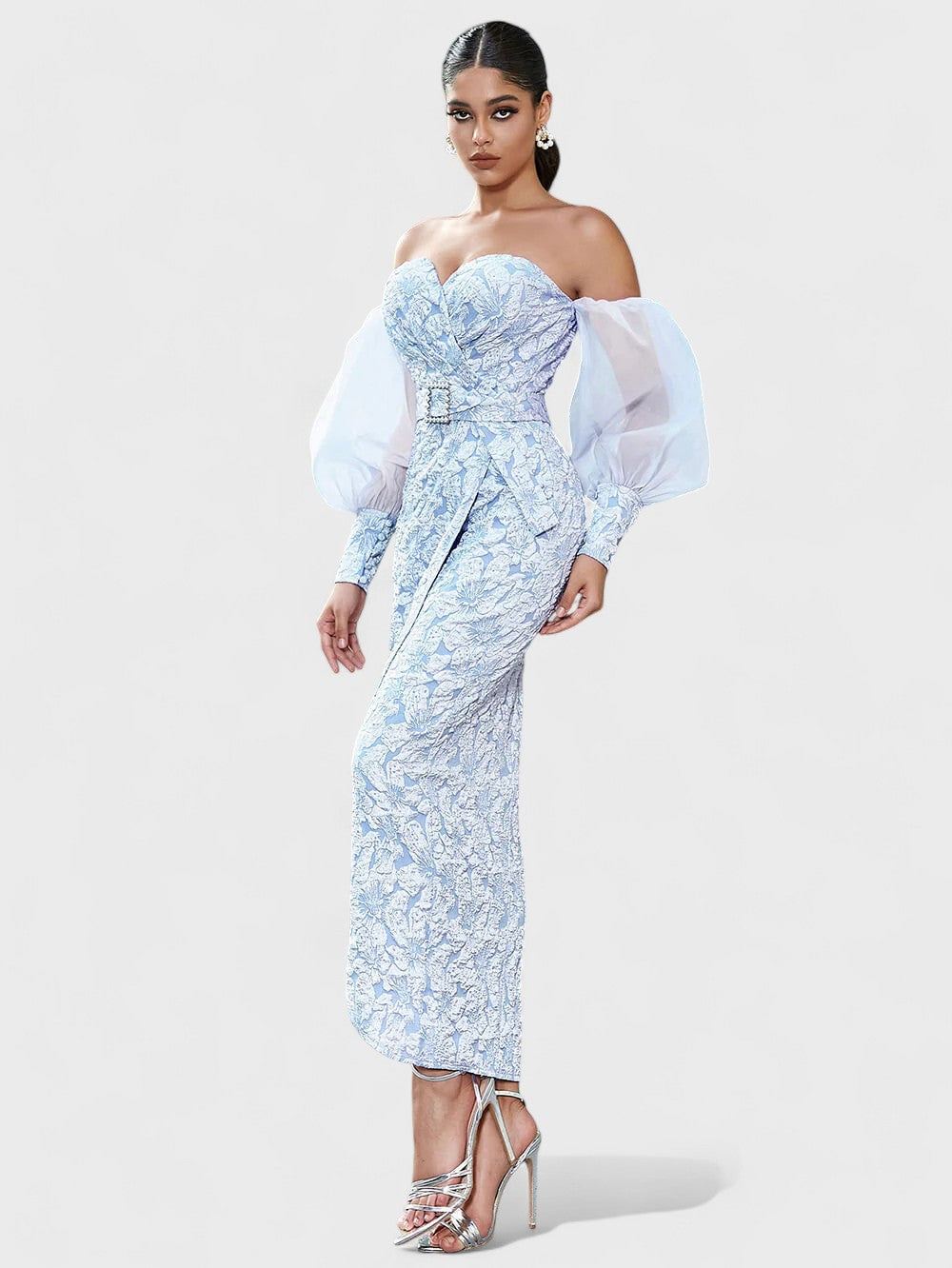 Izobel Off-Shoulder Embroidered Midi Dress – Icy Blue Avalabel