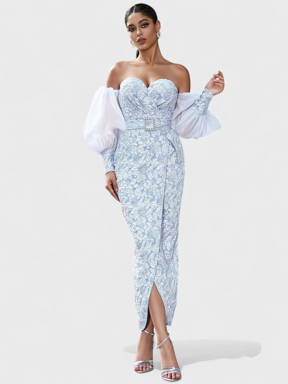 Izobel Off-Shoulder Embroidered Midi Dress – Icy Blue Avalabel
