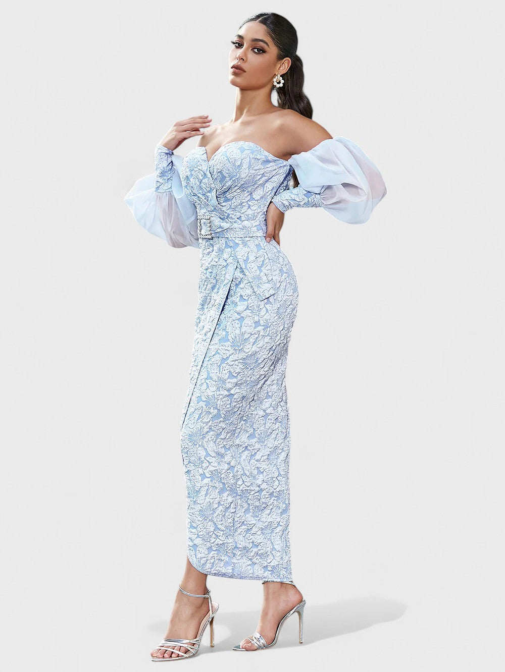 Izobel Off-Shoulder Embroidered Midi Dress – Icy Blue Avalabel