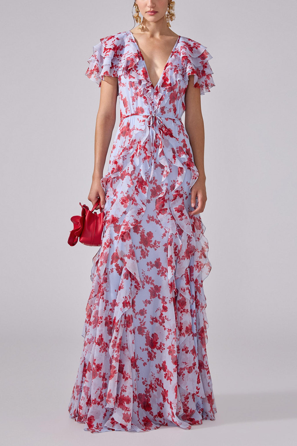 Jamie Multicolor Floral printed Chiffon Ruffle Maxi Dress Avalabel