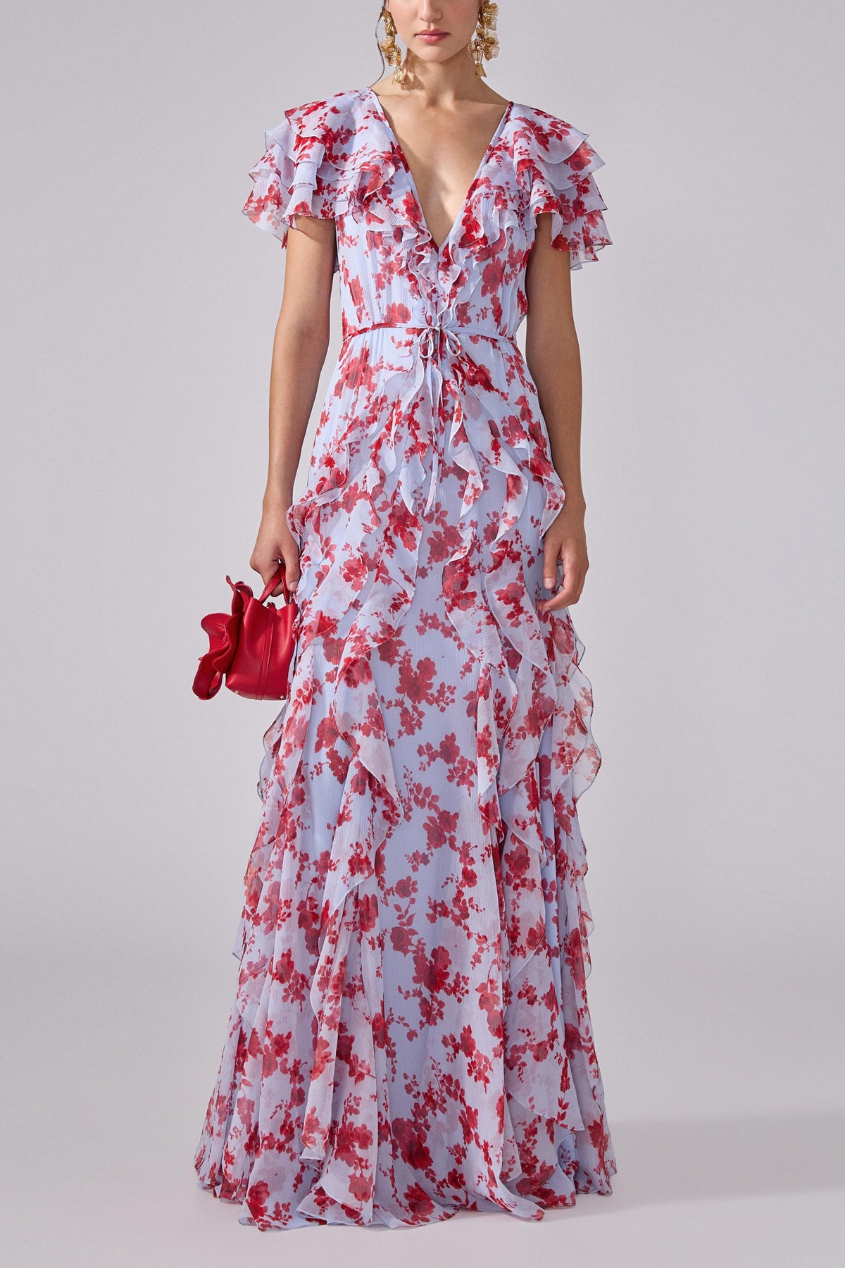 Jamie Multicolor Floral printed Chiffon Ruffle Maxi Dress Avalabel