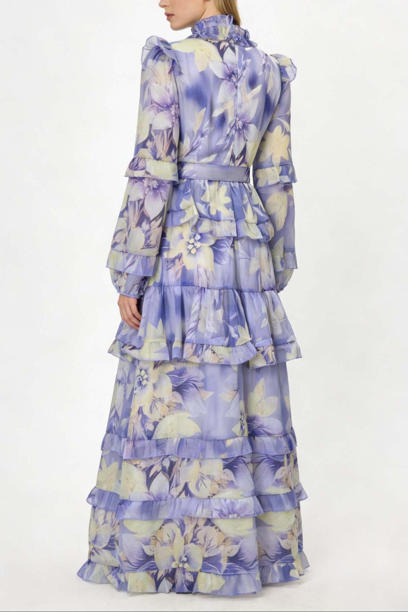 Alyssa Purple Floral Print Ruffle Maxi Dress With Belt Avalabel