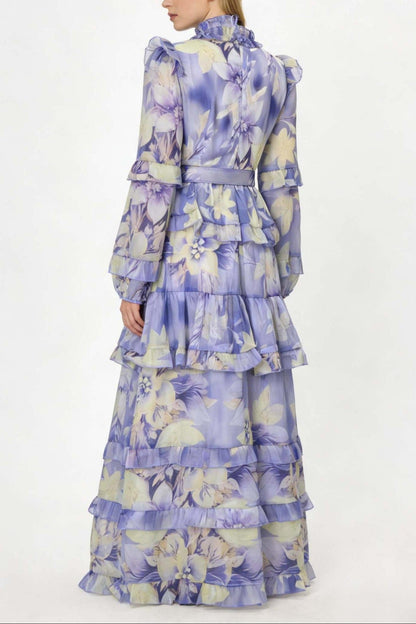 Alyssa Purple Floral Print Ruffle Maxi Dress With Belt