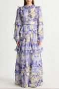 Alyssa Purple Floral Print Ruffle Maxi Dress With Belt Avalabel