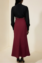 Carlin Balloon Sleeve Ruched Tie Up Midi Dress - Black & Red Avalabel