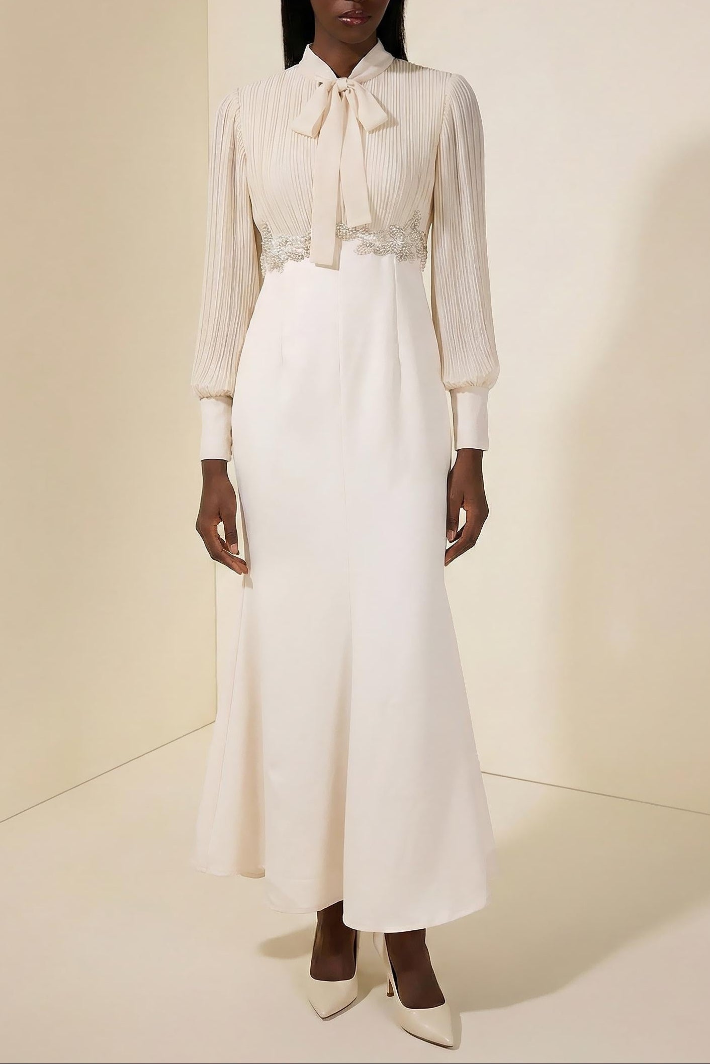 Carlin Balloon Sleeve Ruched Tie Up Midi Dress - Apricot Avalabel