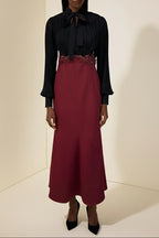 Carlin Balloon Sleeve Ruched Tie Up Midi Dress - Black & Red Avalabel